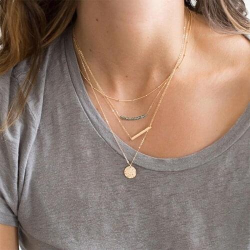 Simple Coin Grey Crystal Beaded Necklace Minimalist Chain Multi layer Necklace Jewelry Gift for Women Anniversary Party Gift