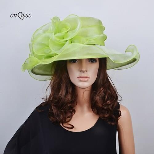 Wholesale NEW Lime green Wide brim Crystal organza hats church for kentucky derby wedding womens hat races.FREE SHIPPING