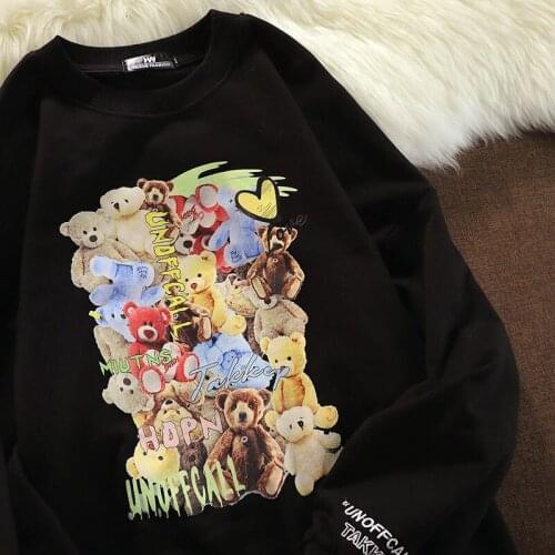 2021 Autumn New 3 Colors Retro Bears Print Kawaii Sweatshirt Fashion Teens Clothes Oversized Hip Hop Streetwear Long Sleeve Tops
