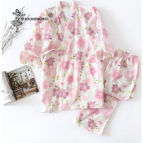 Japanese Kimono Yukata Women Set Girls Loose Cardigan Pajamas Summer Cotton Trousers Homewear Bathrobes Serve Suit Print Cherry