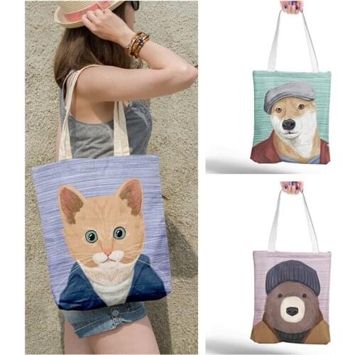 Cartoons Dog Print Reusable Shopping Tote Feminine Canvas Shoulder Bag Travel Storage Bags Shopper Women Elegant Canvas Bag