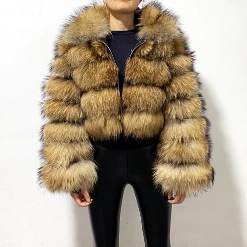 Rf1982r New Arrival Womans Real Raccoon Fur Coat Short Style Slim Fit Zipper Fashion Cropped Real Fur Jacket