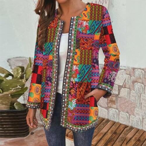 Vintage Womens Jackets Autumn Cotton Linen Printing Pocket Loose Outerwear Long Sleeve Oversize Coat Ladies Bomber Jacket