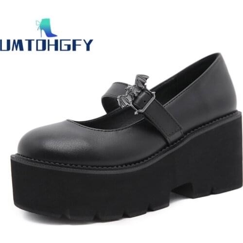 Plus Size 43 Vintage Lolita Bat Elves Platform Mary Jane Shoes Women Block Heels Gothic Punk Style Black Pumps Girl Lolita Patry