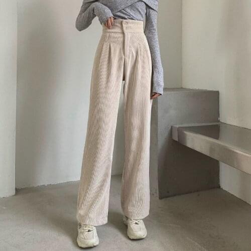 Wenfly Women Corduroy Long Pants High Waist Double Button Loose Female Korean Straight Leg Trousers Casual Harajuku