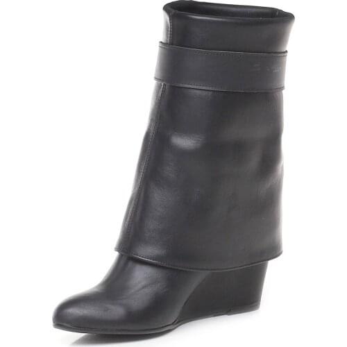 Wedges Mid-Calf Boots Turn Over Buckle Strap Genuine Matte leather Winter Shoes Ladies Height Increase Almond Toe Custom Made