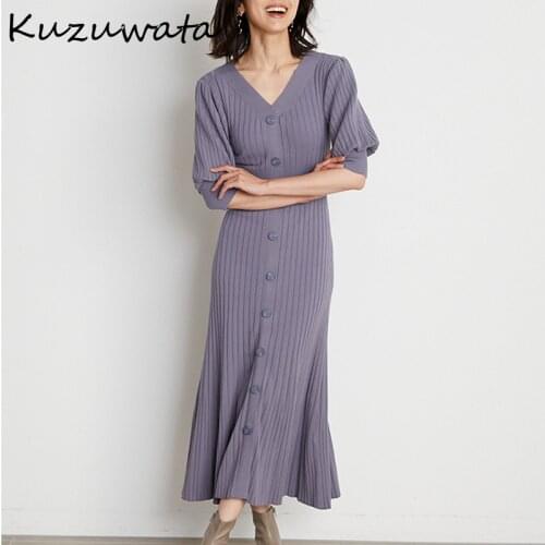 Kuzuwata 2021 Autumn New Fashion Dresses V Neck Solid Puff Sleeve Slim Knitted Mermaid Vestidos Japan Style Sexy Women Robes