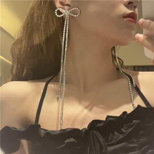 Hiphop Crystal Statement Bowknot Earrings for Women Charms Jewelry Rhinestone Cup Chain Tassel Pendant Earring Bridal Brincos