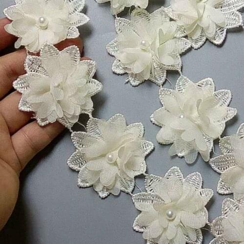1 yard Ivory Polyester Pearl Flower Embroidered Lace Trim Ribbon Fabric Handmade DIY Garment Wedding Dress Sewing Craft