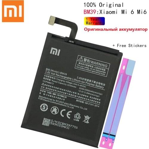 100% Original Xiaomi BM39 Battery 3250mAh BM39 Battery For Xiaomi Mi 6 Mi6 BM 39 Baterij Bateria BatteriePhone Batteries