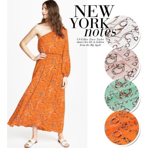 135CM 12MM Chains Print Thin White Orange Silk Crepe de Chine Fabric for Spring Summer Dress Blouse Skirt Shirt Pants JH205