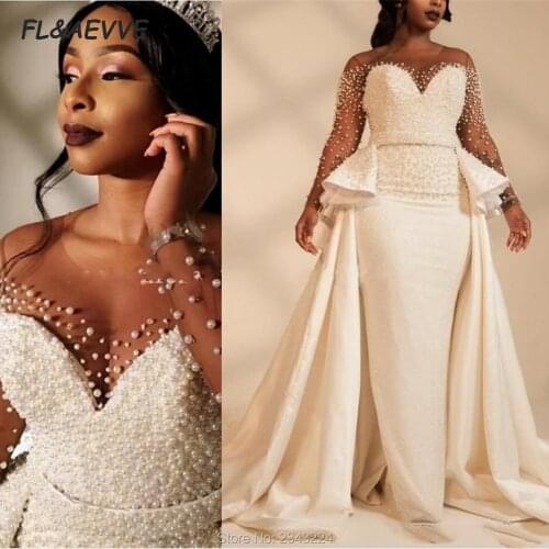 2021 Mermaid African Wedding Dresses Pearls Illusion Long Sleeves Ruffles Elastic Satin Bridal Gowns Plus Size Custom Made