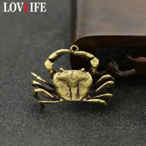 Antique Copper Crab Figurines Keychain Pendants Jewelry Metal Brass Animal Crafts Car Key Chain Hangings Trinkets Retro Keyrings