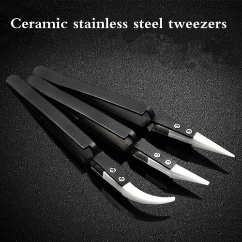Anti-Static Reverse Ceramic Tweezers Stainless Steel Electronic Cigarette Heat Resistant Conductive Curved Straight Tweezers