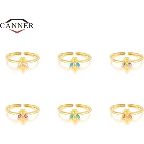 CANNER Small Bee Colorful Zircon 100%Real 925 Sterling Silver Ring for Women Open Size Adjustable Rings Silver 925 Stamp Jewelry