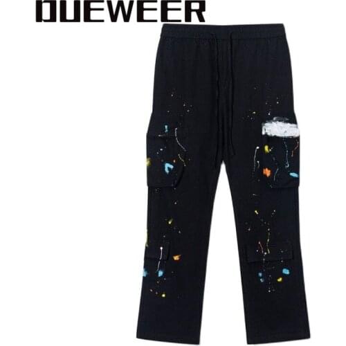 Dueweer Men High Street Cargo Flare Pant Hip Hop Handmade Ink Wide Leg Cargo Pants Harajuku Multi-pocket Loose Casual Trousers