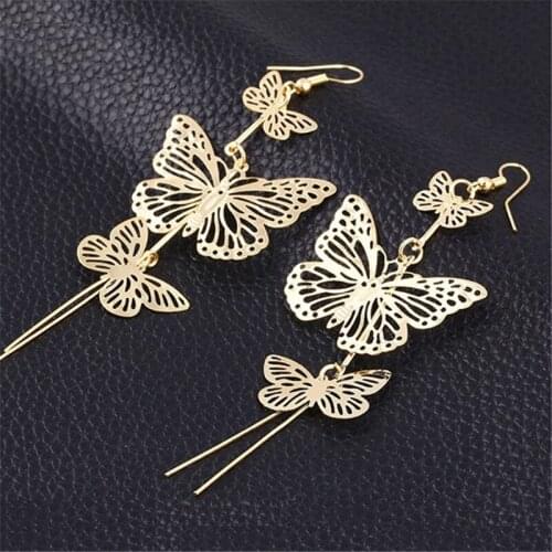 E607 Vintage Yarn Butterfly Earrings Long Ear Line Simulated metal Pendientes Fashion Jewelry Wholesale