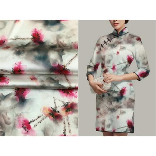 108cm wide 19mm 97% silk & 3% spandex ink pad print stretch white silk satin fabric for dress shirt clothes cheongsam C009