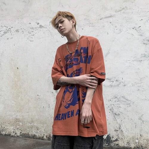 Hole graffiti black print short sleeve t-shirt mens niche high street Harajuku fashion brand top