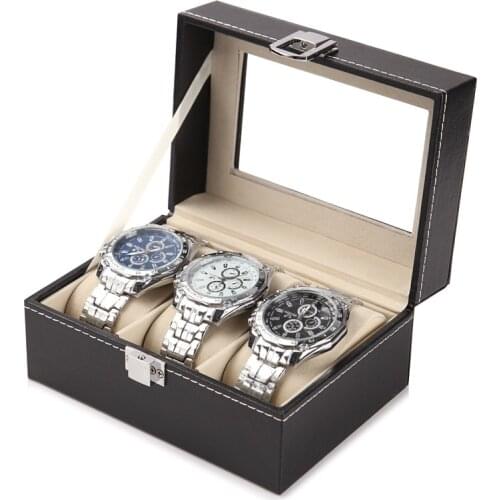 3 Slots Leather Watch Organizer New Black Watch Boxes Case With Window Jewelry Display Gift Case Holder