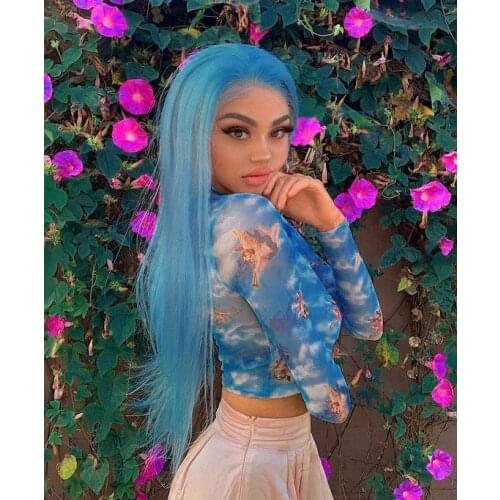 Long Straight Light Blue Straight Lace Front Wig Pre-Pluck Hairline Brazilian Virgin Human Hair 180 Density
