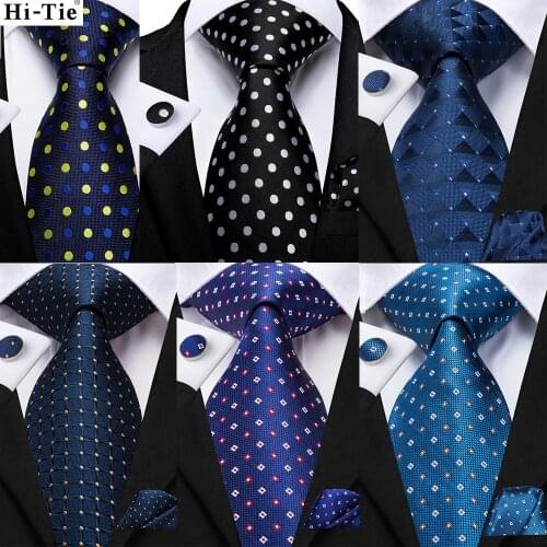 Hi-Tie Navy Blue Red Dot Silk Wedding Tie For Men Quality New Designer Hanky Cufflink Mens Gift Necktie Set Fashion Dropshipping