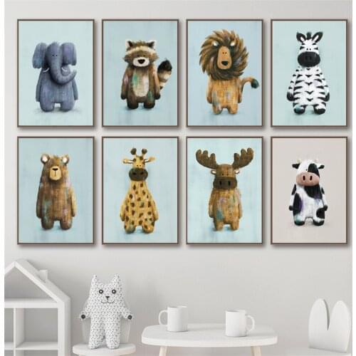 Elephant Lion Giraffe Zebra Bear Cow Safari Nursery Wall Art Print Canvas Painting Nordic Poster Decor Pictures Baby Kids Room