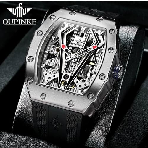 OUPINKE 2021 New Mens Automatic Mechanical skeleton Black watch Silicone Strap with Synthetic Sapphire Crystal Wristwatch
