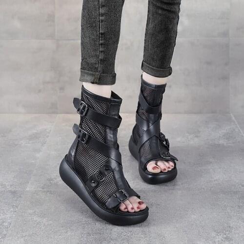 Summer 2021 New Genuine Leather Sandals Womens Hollow Mesh Breathable High-top Wedge Heel Thick-soled Fish Mouth Sandals