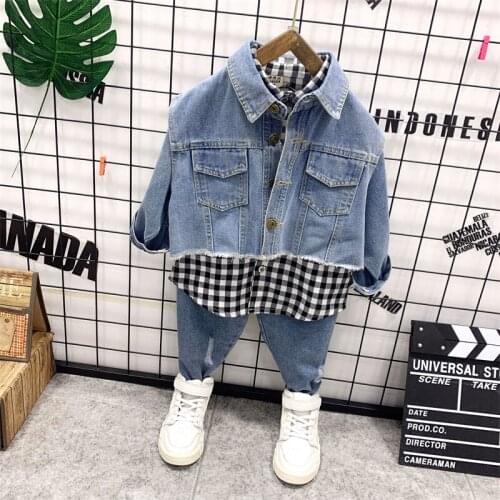 Spring Autumn Baby Boy Clothes Sports Suit Children Clothing Kids Cowboy Vest + Plaid Shirt + Jeans 3pcs Baby Suit Girls Clothes
