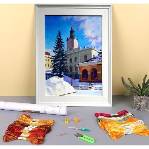 Landscape Winter In Lviv Printed Canvas 11CT Cross Stitch DIY Embroidery Set DMC Threads Sewing Handiwork Package