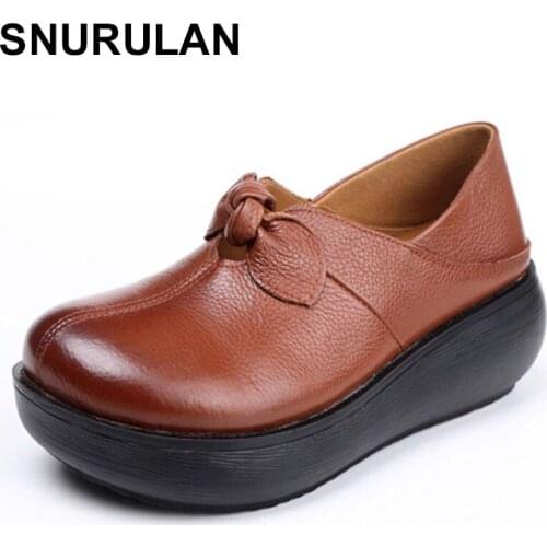 SNURULANwomen shoes platform 2020 spring new genuine leather Bow ladies simple shoes retro casual round toe wedge heel pumps