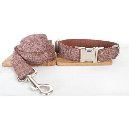 Customized Dog Collar Engraved Puppy ID Tag Leash Collar Set Adjustable Outdoor Solid Fiber Cotton Pet Collar Leash BROWN SUIT