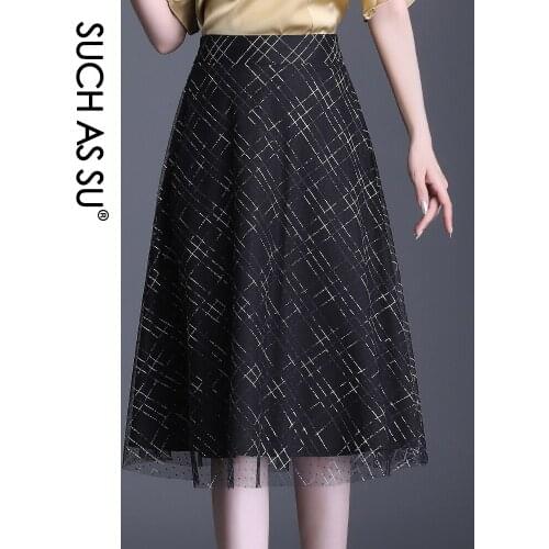 SUCH AS SU Korean Fashion WomenS Summer Skirts 2021 Mesh Pleated Y2K Black Plaid Skirt High Waist Gauze S-3XL Female Skirts