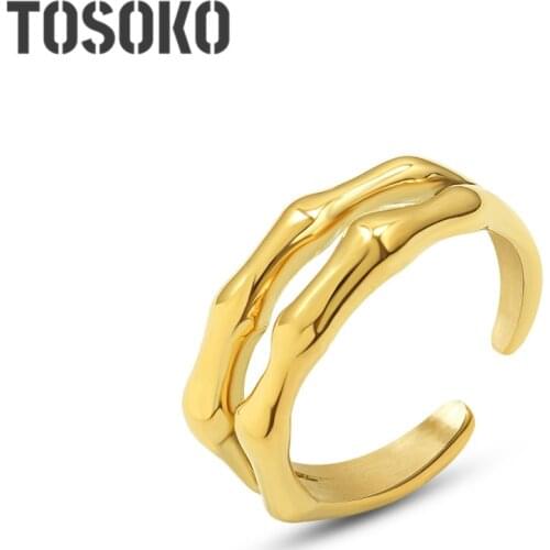 TOSOKO Stainless Steel Jewelry Double Layer Bamboo Opening Ring Womens Fashion Ring BSA212