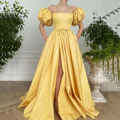 Yellow Prom Dresses 2021 Short Puff Sleeves High Side Split Boning Top Long Evening Gowns Arabic Plus Size Celebrity Party Dress