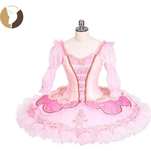 FLTOTURE Ballet Variations Tutu Skirt Mid Sleeve Ballet Nutcracker Costumes 12 Layers Pink Pancake Skirt Sugar Plum Fairy Wear
