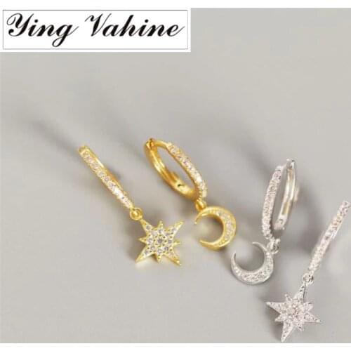 Ying Vahine 100% 925 Sterling Silver Moon and Star Asymmetric Pendant Stud Earrings for Women
