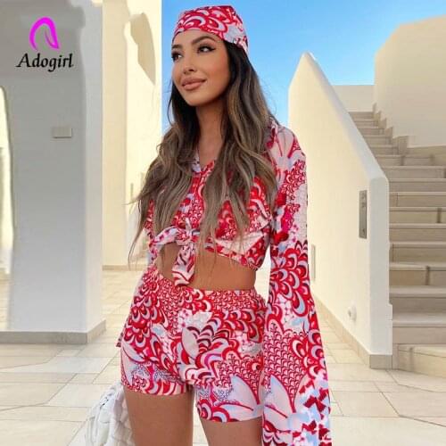 Floral Print Women 3 Piece Set with Scarf Long Sleeve Button Up Shirts + Shorts Matching Set 2021 Autumn New Workout Activewear
