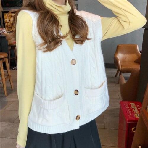 Women Sweater Vest 2020 Autumn Winter Korean Style Vintage Pockets Single Breasted V Neck Knit Sleeveless Cardigan Tops T518