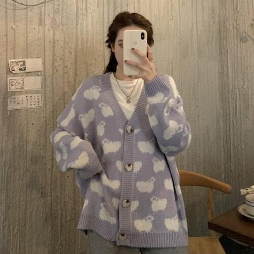 Sweater Cardigan Cute purple Coat Women sheep Pattern Knitted Oversized Jacket 2020 Korean Autumn Long Sleeve Pull Femme