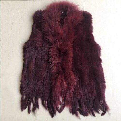 V-eck knit white vest women plus size sleeveless sweater soft raccoon dog fur collar trim natural real rabbit knitted gilet