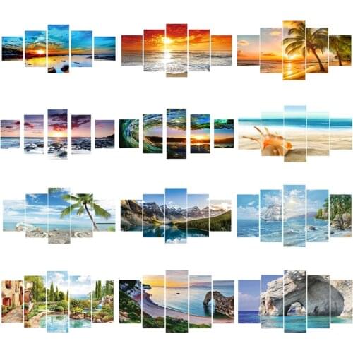 5D Diamond Painting Seaside Landscape Series DIY Full Round Drill Five Pieces Diamond Painting Decoration Hanging Painting 95x45