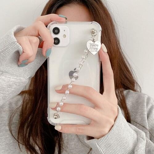 Cute Love Heart Pearl Bracelet Phone Cases for iphone 12 mini 11Pro max X XS Max XR 7 8 Plus SE 2020 Wrist Chain Soft Back Cover
