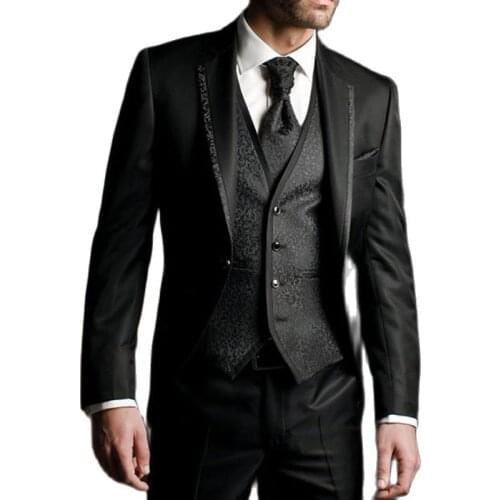 Black Formal Men Suits for Wedding Slim Fit 3 Piece Floral Jacket Vest with Pants Custom Male Fashion Costume