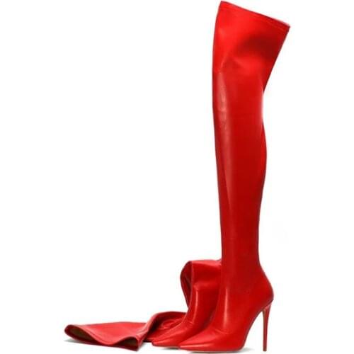 Elastic Thigh High Boots Women Shoes Sexy Slim High Heels Over-the-knee Boots Fashion Red Fetish Long Boots Lady Large Size 45