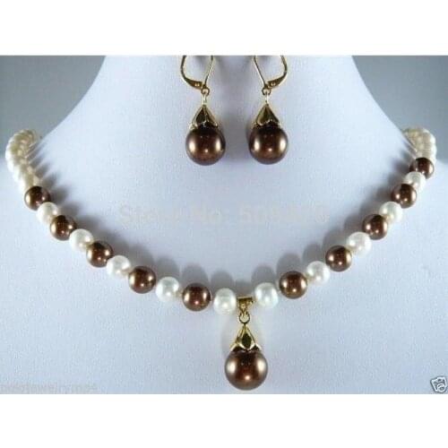 Good >>>>>New Jewelry white Pearl Chocolate Shell Pearl Necklace Earrings Set