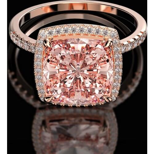 925 Sterling Silver Morganite High Carbon Diamond 10*10mm Cushion Cut Ring Jewelry