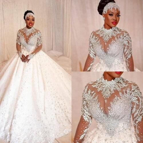 2021 Plus Size Arabic Aso Ebi Luxurious Beaded Crystals Wedding Dresses Sheer Neck Lace Bridal Dresses Sexy Wedding Gowns