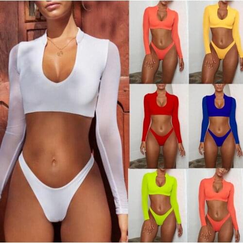 Bathing suits woman 2020 European and American new solid color split long sleeve low waist sexy bikini womens swimming suit